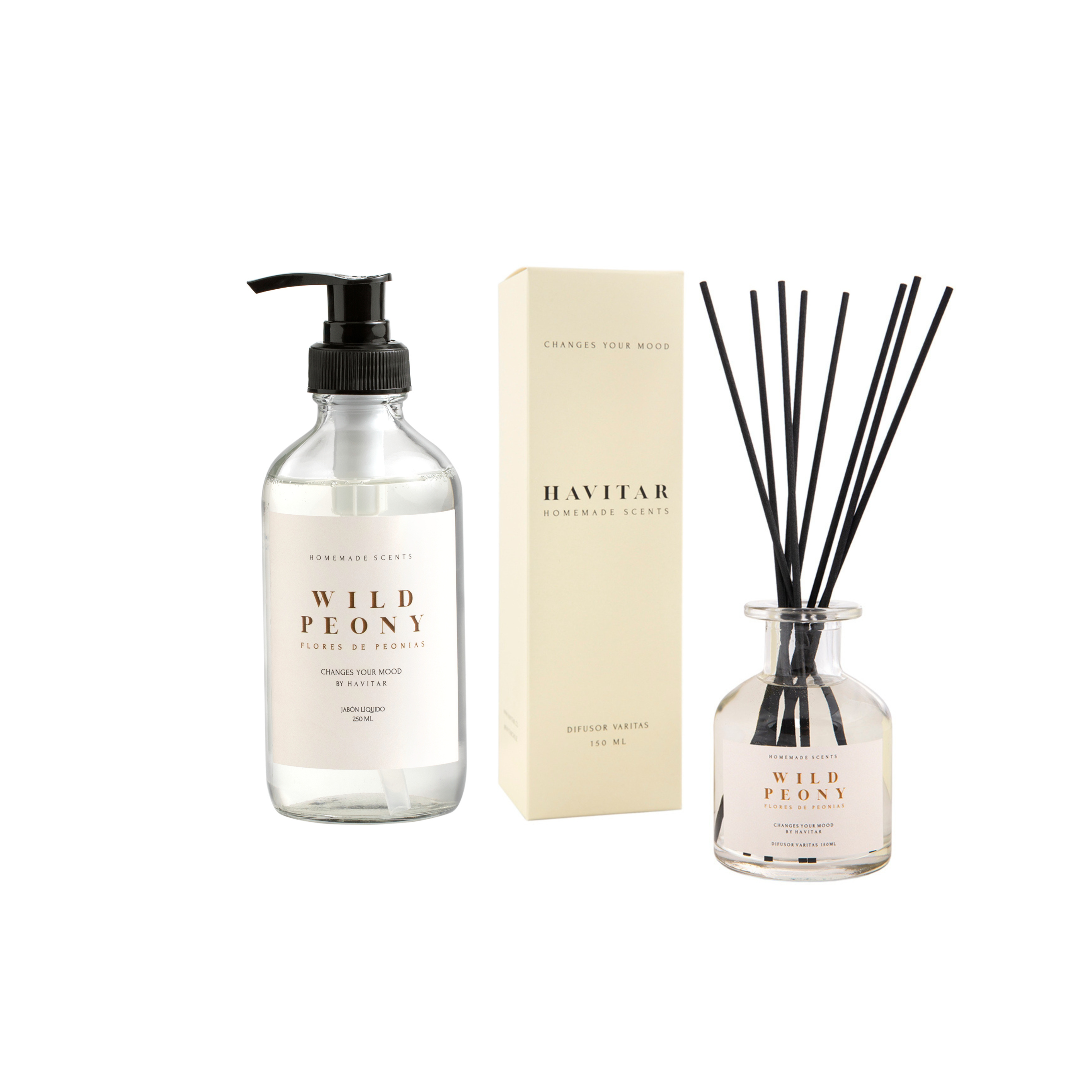 Pack jabón líquido 250ml + difusor de varitas 150ml vidrio