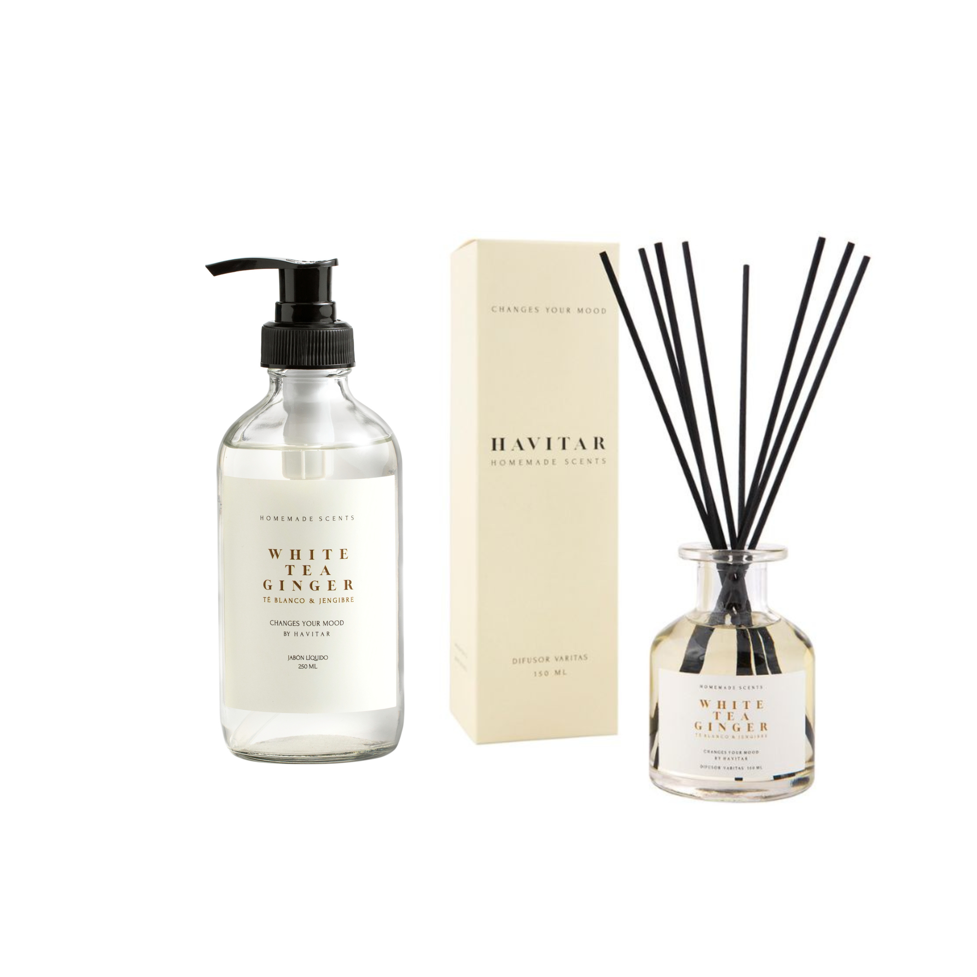 Pack jabón líquido 250ml + difusor de varitas 150ml vidrio
