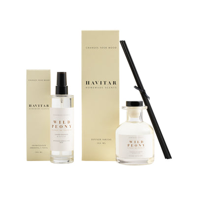 Pack Difusor Wild Peony Aromatizador 100ml vidrio y Difusor de varitas 150ml vidrio.