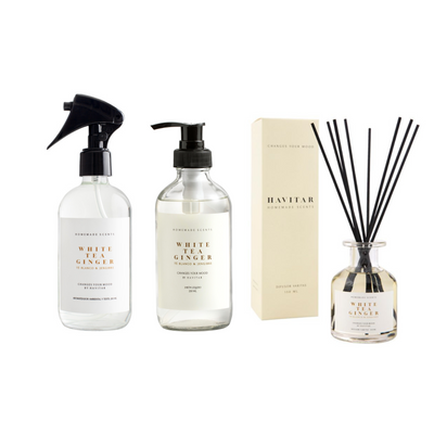 Pack Aromatizador 250ml vidrio + Jabón 250ml vidrio + Difusor de varitas de 150ml