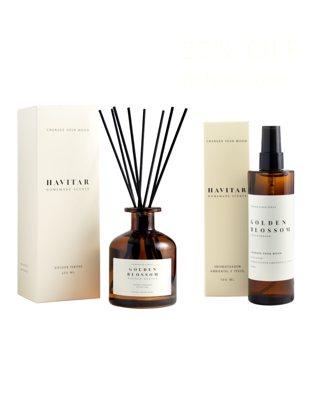 Pack Difusor De Varitas 250ml + Aromatizador 100ml Vidrio Golden Blossom