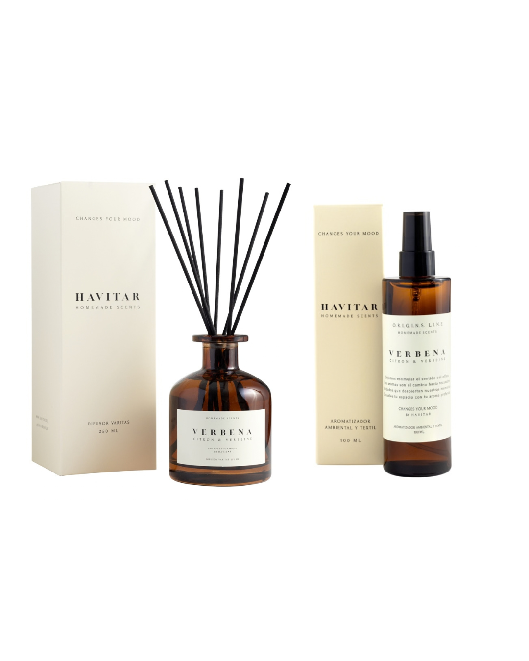 Pack Difusor De Varitas 250ml + Aromatizador 100ml Vidrio Verbena