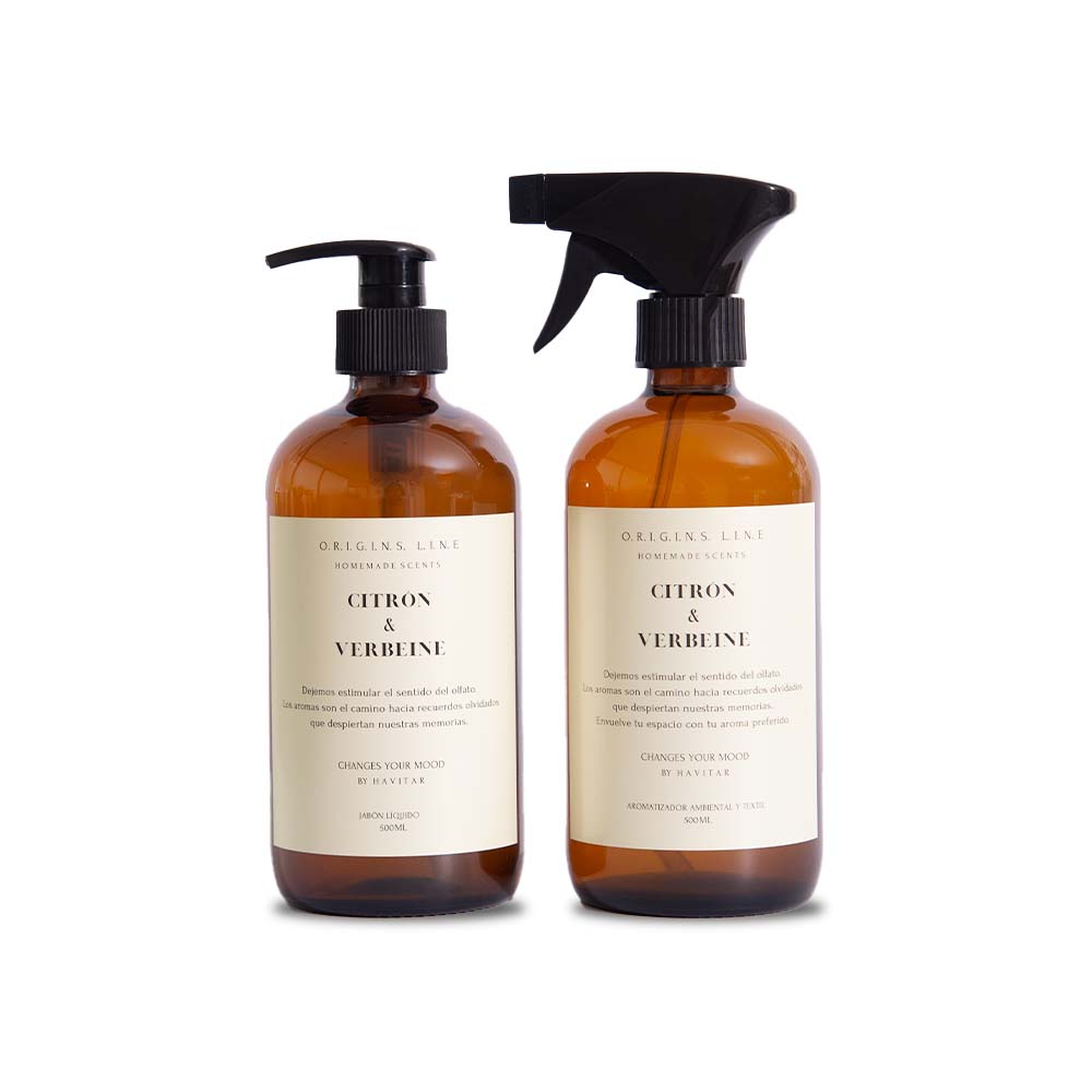 Pack Jabón Líquido y Aromatizador Vidrio 500 ML Línea Orígenes